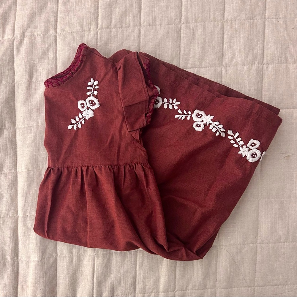 Elegant Burgundy Dress with White Floral Embroidery